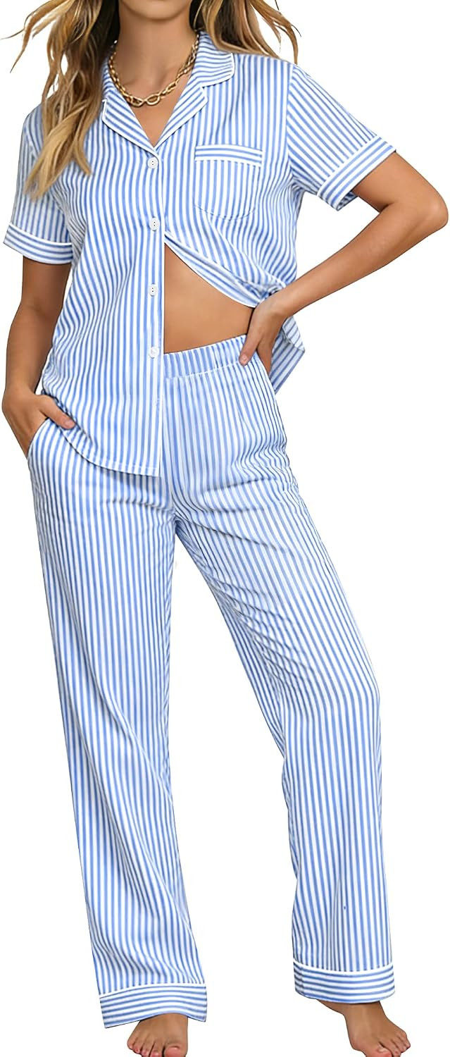 SWOMOG 100% Cotton Pajamas for Women Set 2PCS Button-Down Lounge Pjs Short Sleeve Tops and Long-Pants with Pocket | Amazon (US)