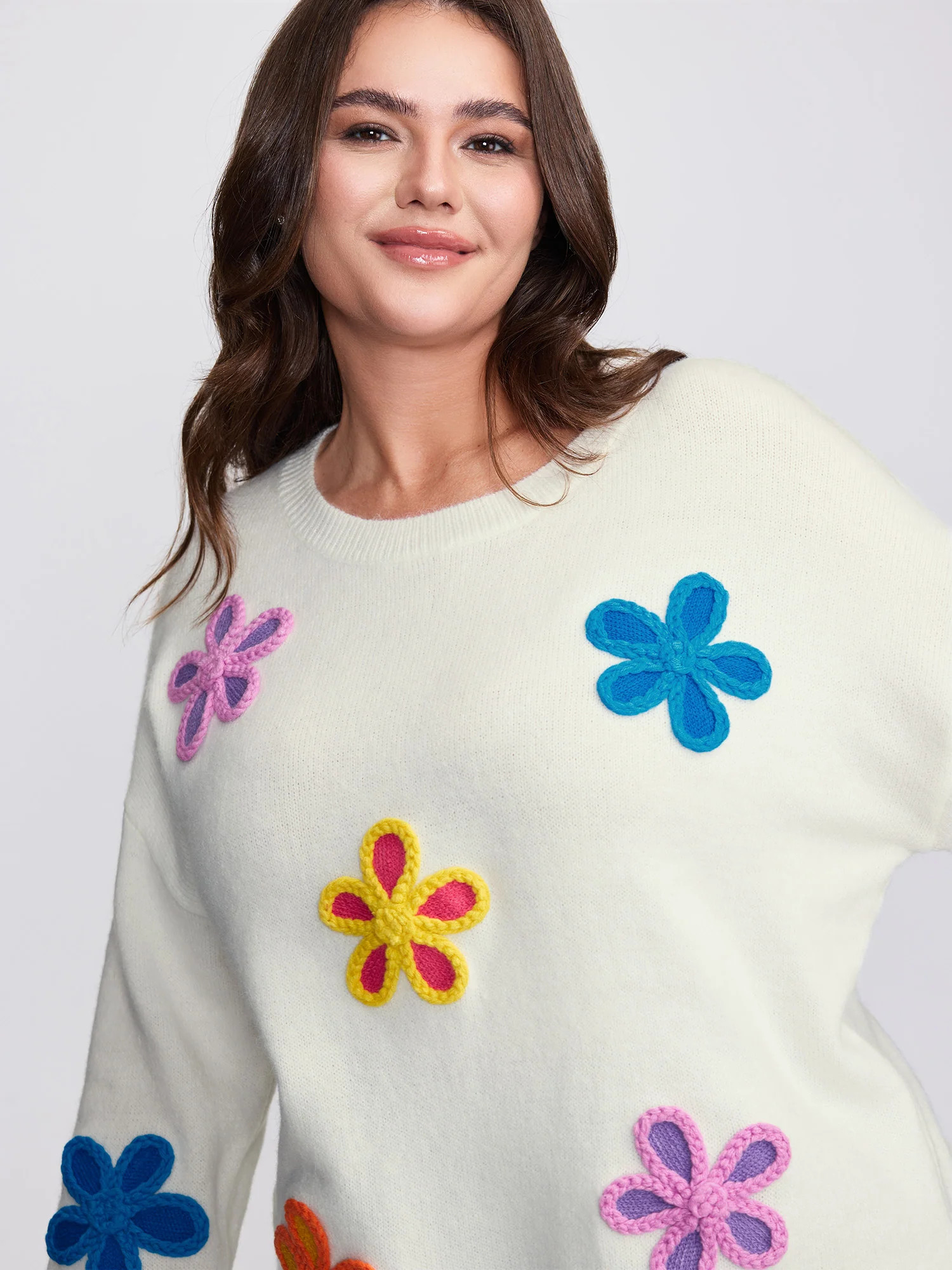 Supersoft Multi-Color Floral Crochet Round Neck Pullover | Bloomchic