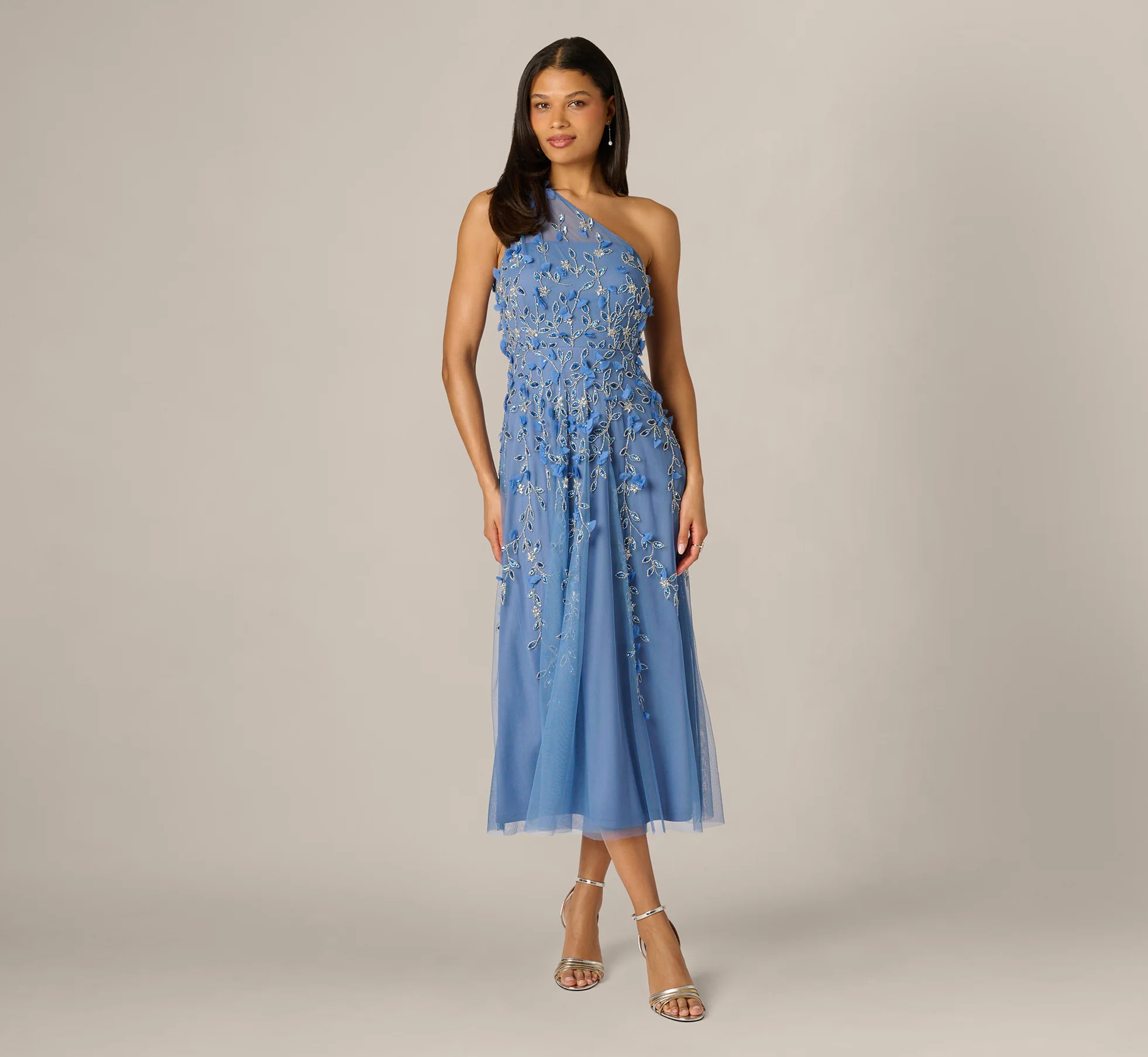 One Shoulder 3D Floral Beaded Ankle Dress In French Blue | Adrianna Papell