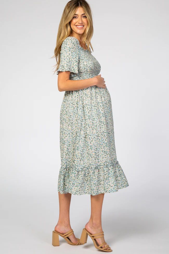 Light Blue Floral Ruffle Maternity Midi Dress | PinkBlush Maternity