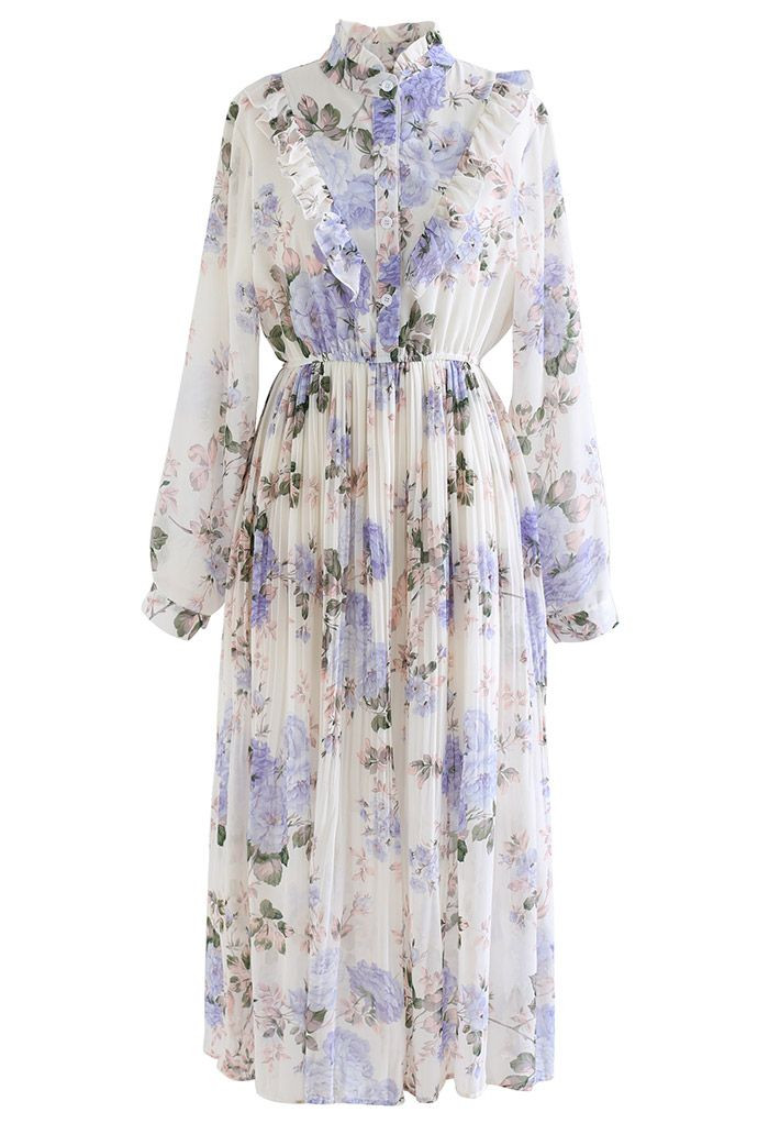 Gorgeous Peony Pleated Chiffon Midi Dress in White | Chicwish