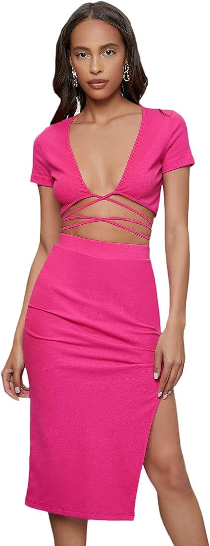 Floerns Women's 2 Piece Outfit Crisscross Tie Back Crop Top Split Hem Skirt Set | Amazon (US)
