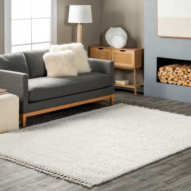 Ivory Solid Shag With Tassels Area Rug | Rugs USA
