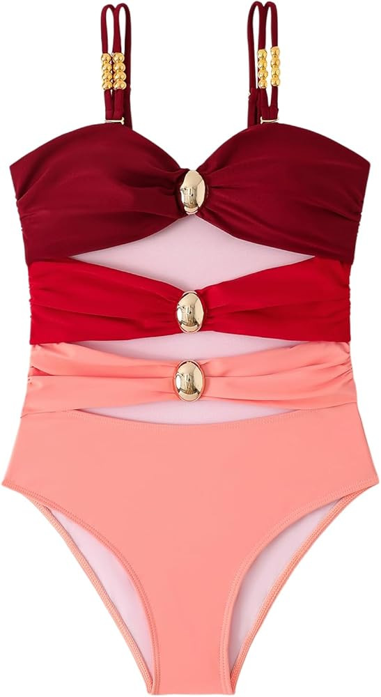Verdusa Women's Cut Out Colorblock One Piece Swimsuit Ruched Swimwear Bathing Suit | Amazon (US)