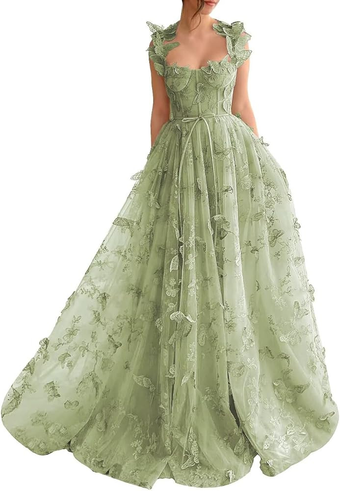YUAOHUANG Corset Long Tulle Prom Dresses Butterfly Prom Dress for Women Lace Applique Fairy Ball ... | Amazon (US)