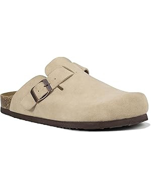 Women's Suede Clogs Slip-On Buckle Slides Leather Mules Cork Footbed Sandals Potato Shoes with Ar... | Amazon (US)