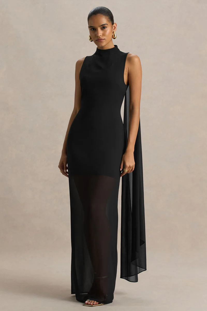 Unpredictable  Black High-Neck Maxi Dress With Back Cape Detail | Club L London