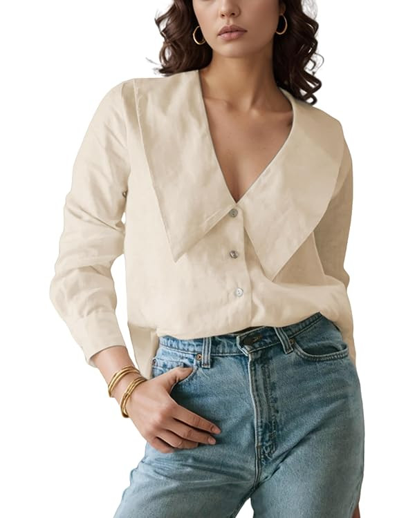 Daacee Women's Big Collar Cotton Linen Blouses Dressy Casual Long Sleeve V Neck Button Down Shirt... | Amazon (US)