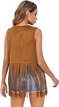 Verdusa Women's Tassel Sleeveless Vest 70s Hippie Faux Suede Fringe Jacket Cardigan | Amazon (US)