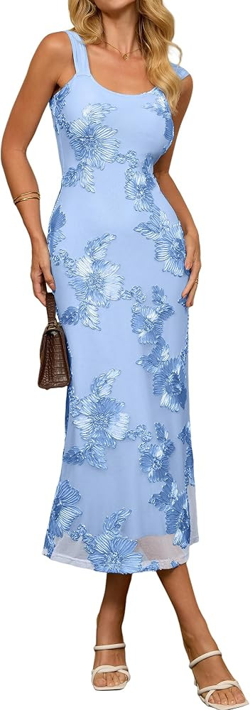 Simplee Women's Floral Wedding Guest Maxi Dress 2026 Summer Bodycon Mesh Sleeveless Flowy Formal ... | Amazon (US)