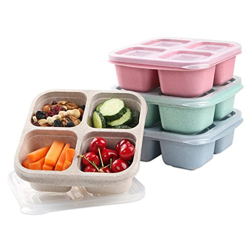 PUiKUS 4 Pack Snack Containers, 4 Compartments Bento Snack Box, Reusable Meal Prep Lunch Containers for Kids Adults, Divided Food Storage Containers for School Work Travel | Amazon (US)