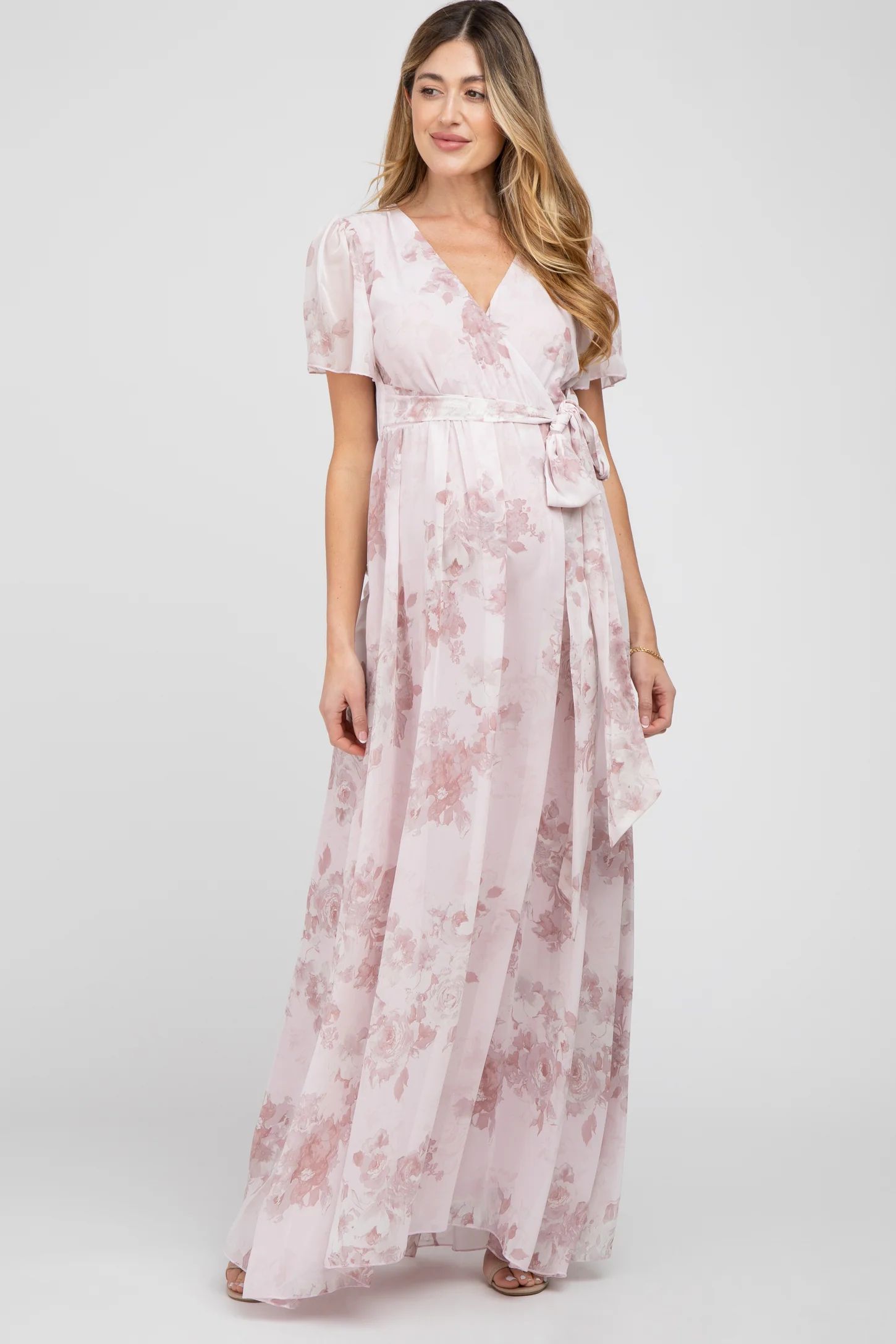 Light Pink Floral Chiffon Wrap Front Short Sleeve Maternity Maxi Dress | PinkBlush Maternity