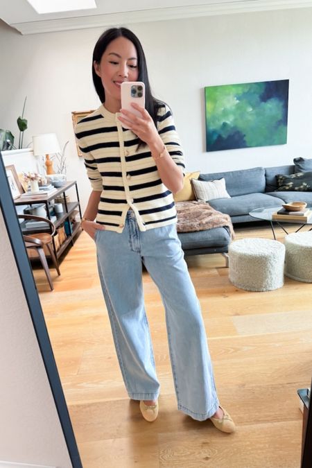 Striped cardigan, light wash jeans, and ballet flats!

#classicstyle
#businesscasual
#Evereve
#casualfriday
#summeroutfit

#LTKFindsUnder100 #LTKSeasonal #LTKWorkwear
