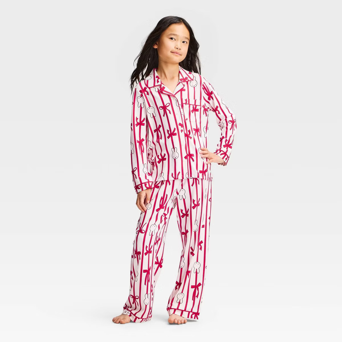 Girls' Miffy Holiday Long Sleeve Button-Down 2pc Pajama Set - White/Red S | Target