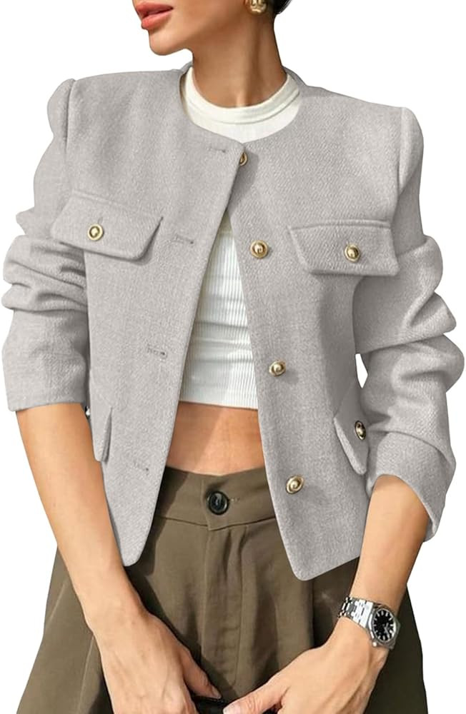 Cicy Bell Womens Cropped Tweed Blazers Jacket Collarless Button Down Business Casual Winter Coats... | Amazon (US)
