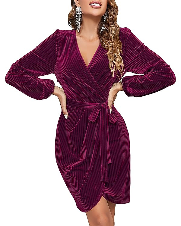 MEROKEETY Women's 2024 Long Sleeve Wrap Velvet Mini Dress Sexy V Neck Cocktail Party Club Dress | Amazon (US)