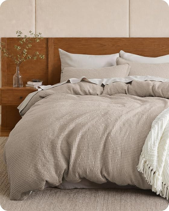 Bedsure PureWoven 3 Pieces 100% Cotton Waffle Duvet Cover Set, Queen, Khaki | Amazon (US)