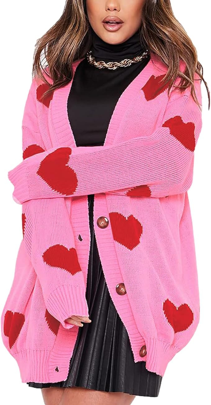 Women Valentines Day Heart Sweater Cardigan Long Sleeve Button Open Front Casual Loose Knit Sweat... | Amazon (US)