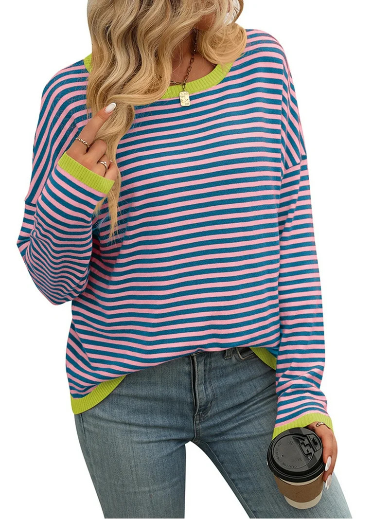 SHIBEVER Sweaters for Women Long Sleeve Tops Casual Crewneck Striped Color Block Shirts Lightweig... | Walmart (US)