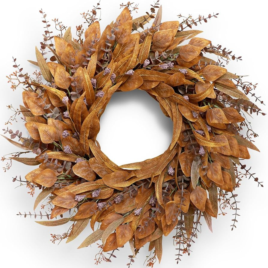 26" Artificial Fall Eucalyptus Wreath with Seeds for Front Door(Orange) | Amazon (US)