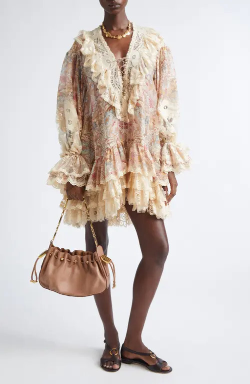 Zimmermann Rebellion Linen & Silk Lace-Up Minidress in Tan Floral at Nordstrom, Size 0 | Nordstrom