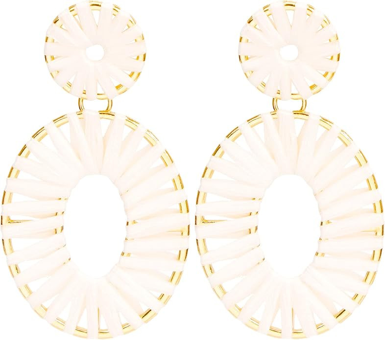 Raffia Tassel Hoop Drop Earrings Handmade Fashion Statement Jewelry for Women | Amazon (US)