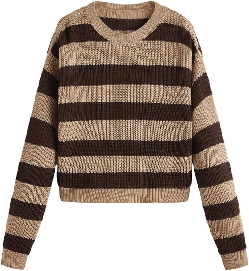 SweatyRocks Women's Striped Round Neck Drop Shoulder Crop Sweater Long Sleeve Knitted Top | Amazon (US)
