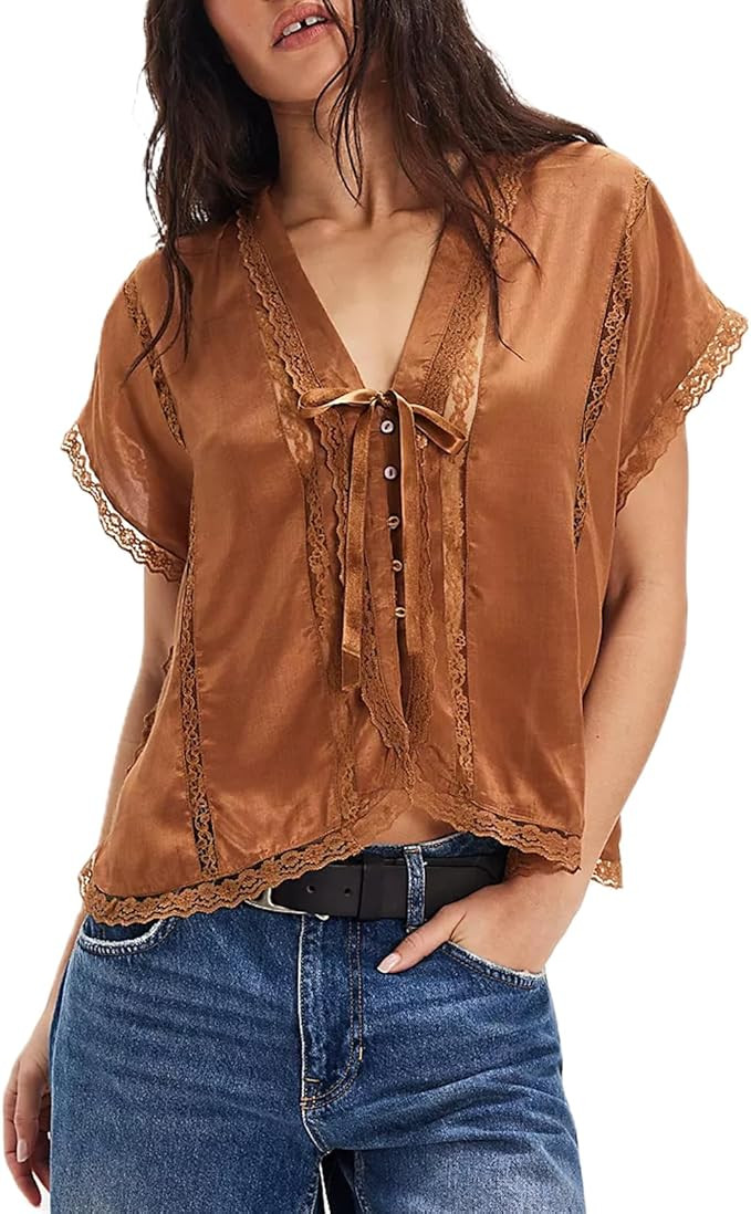 Women Lace Sheer Tank Tops Cropped Tie Strap Button Up Lace Trim Patchwork Cami Vest Cute Y2K Sum... | Amazon (US)