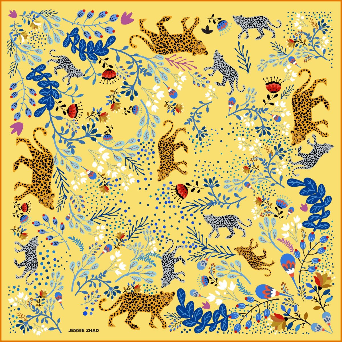 Silk Scarf In Yellow With Leopard & Flowers | Wolf & Badger (US)