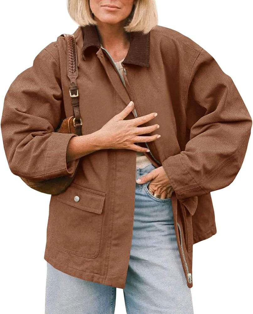 Tankaneo Womens Oversized Barn Jacket Zip Up Military Safari Jackets Fall Color Block Vintage Tre... | Amazon (US)