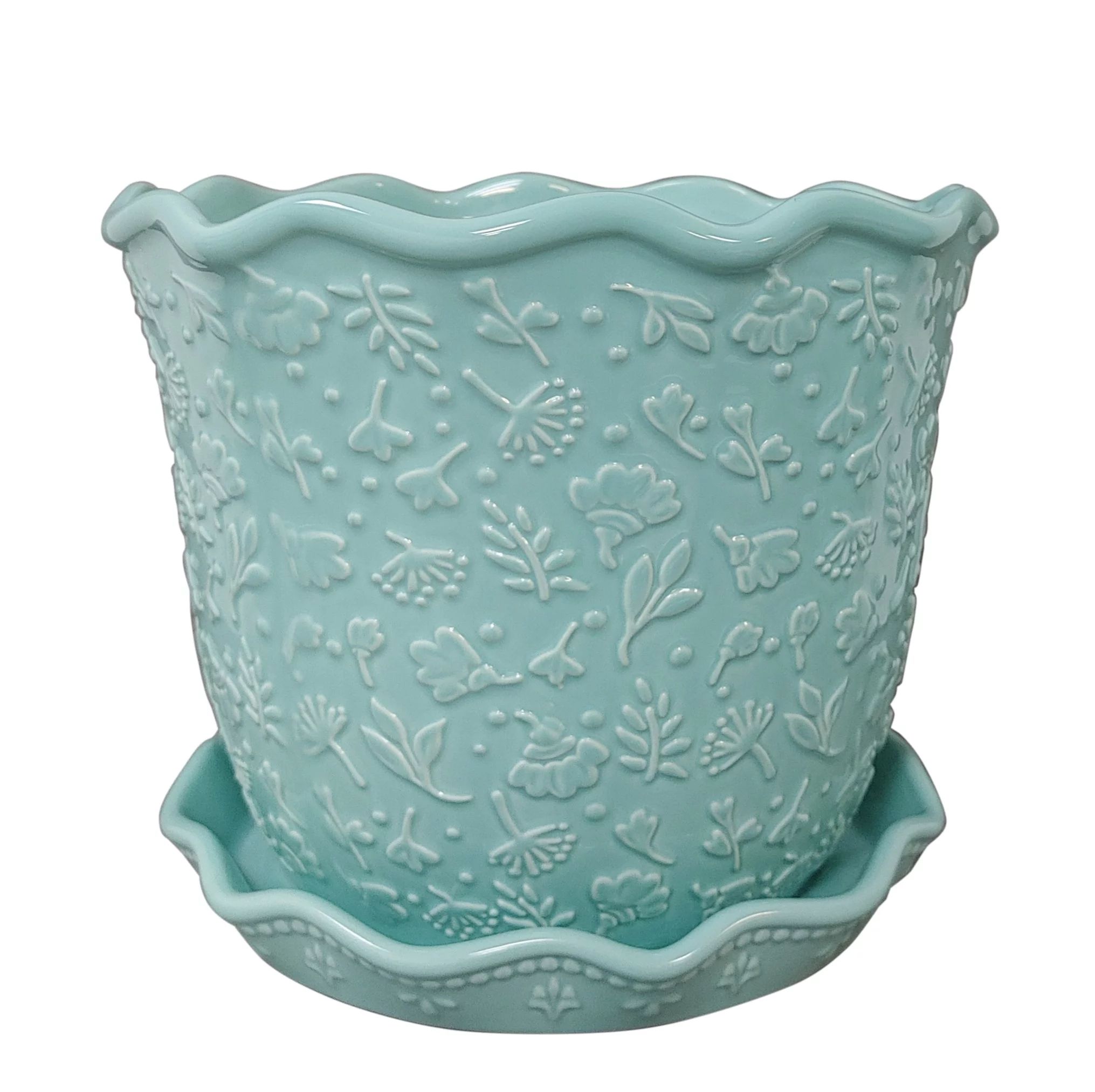 The Pioneer Woman Embossed Daisy Teal Planter, 8 in, Stoneware | Walmart (US)