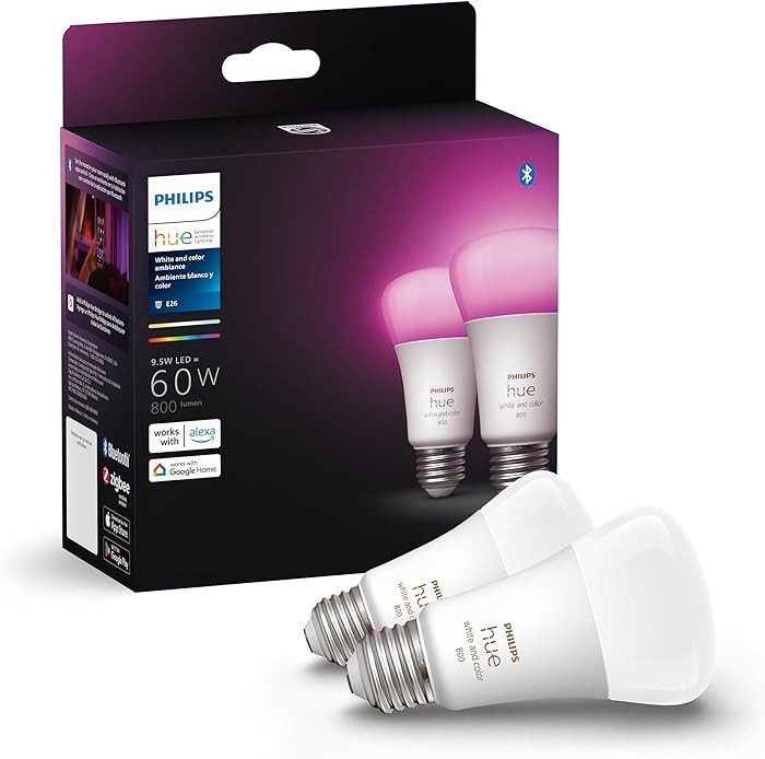 Philips Hue Smart 60W A19 LED Bulb - White and Color Ambiance Color-Changing Light - 2 Pack - 800... | Amazon (US)