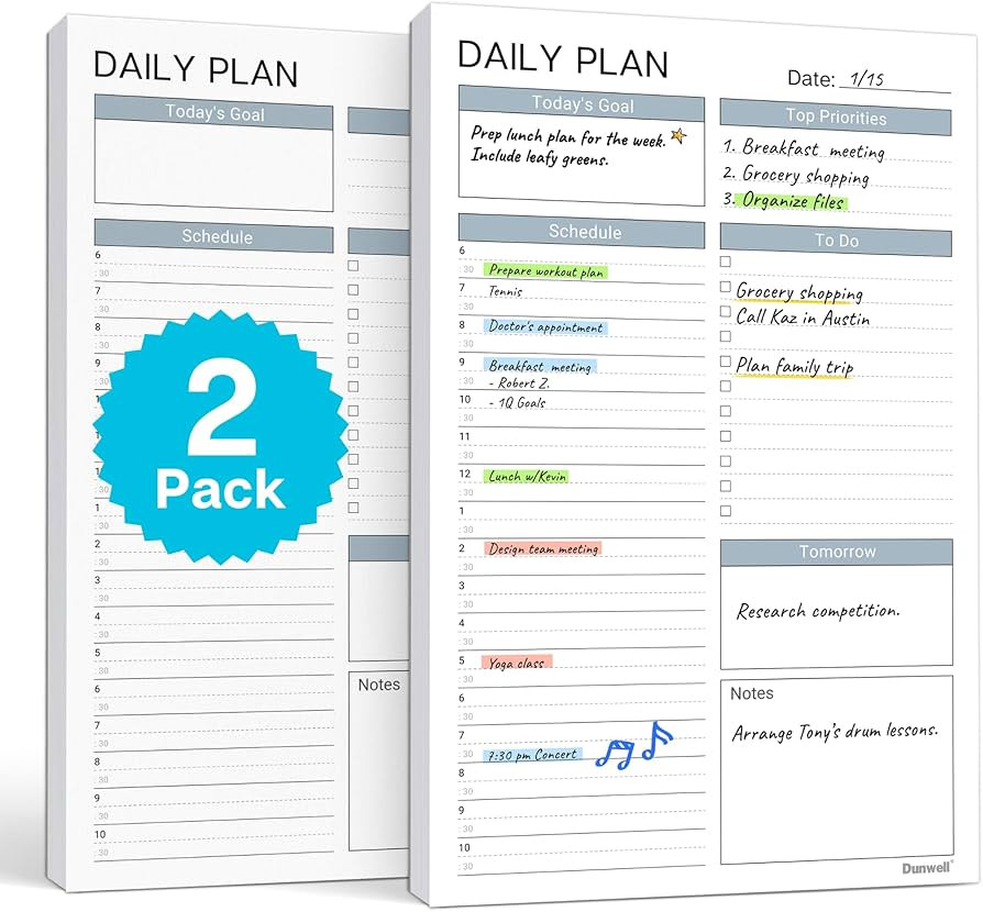 Dunwell Daily Planning Pad - 2 Pack Undated Daily Planner Pad, 54 Tear-Off Pages (5.5x8.5"), Dail... | Amazon (US)