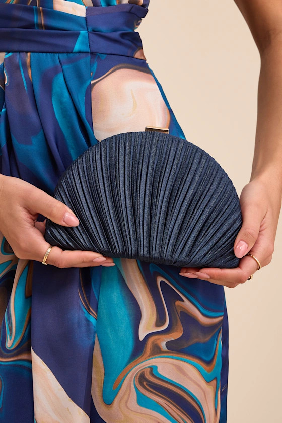 Pleat Perfection Navy Satin Pleated Hard Clutch | Lulus