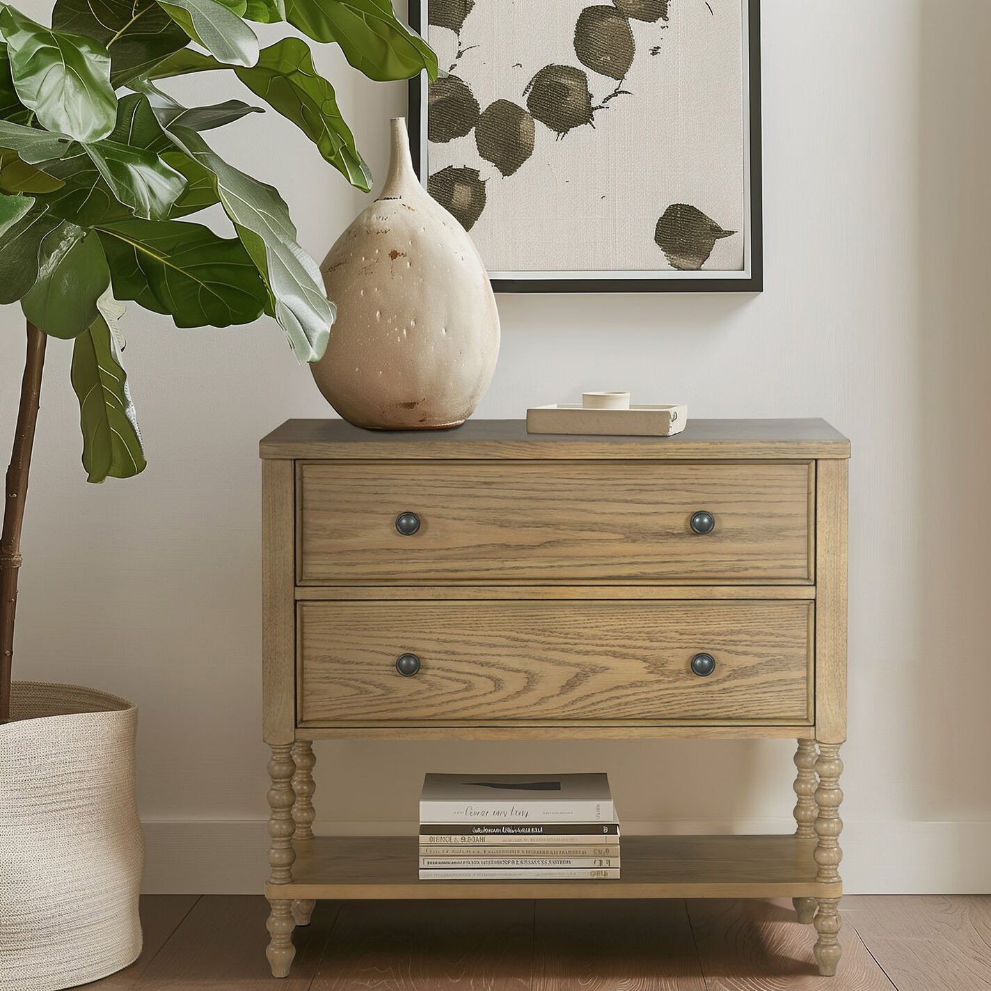 Natural Wood Turned Leg 2 Drawer Storage Chest with Shelf | World Market