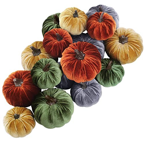 Winlyn 16 Pcs Assorted Small Faux Rustic Harvest Velvet Pumpkins Decorative Rust Orange Gold Olive Gray Fabric Pumpkins Foam Pumpkins Farmhouse Fall Thanksgiving Halloween Table Centerpiece Decor | Amazon (US)
