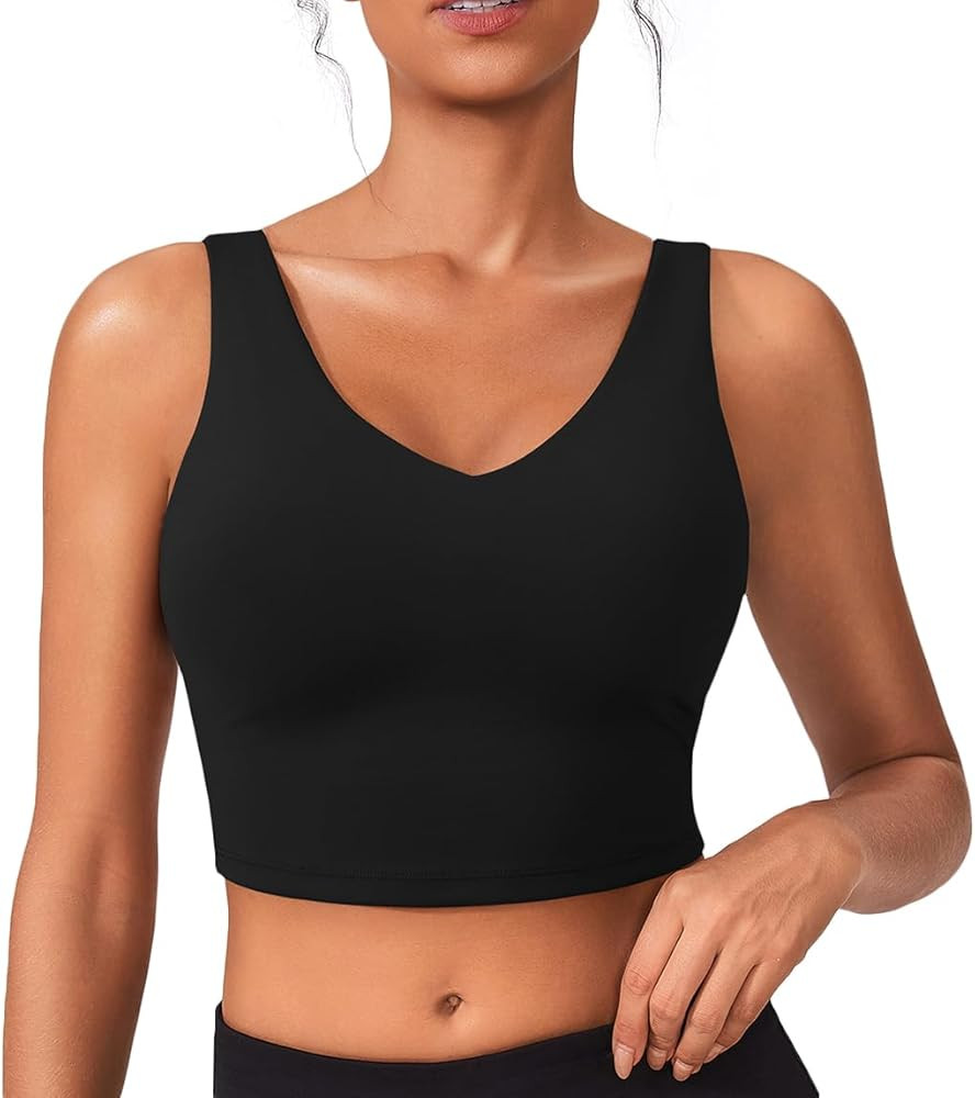 PINSPARK Sports Bras for Women Built in Bras Padded Yoga Bra V Neck Longline Workout Tank Tops wi... | Amazon (US)