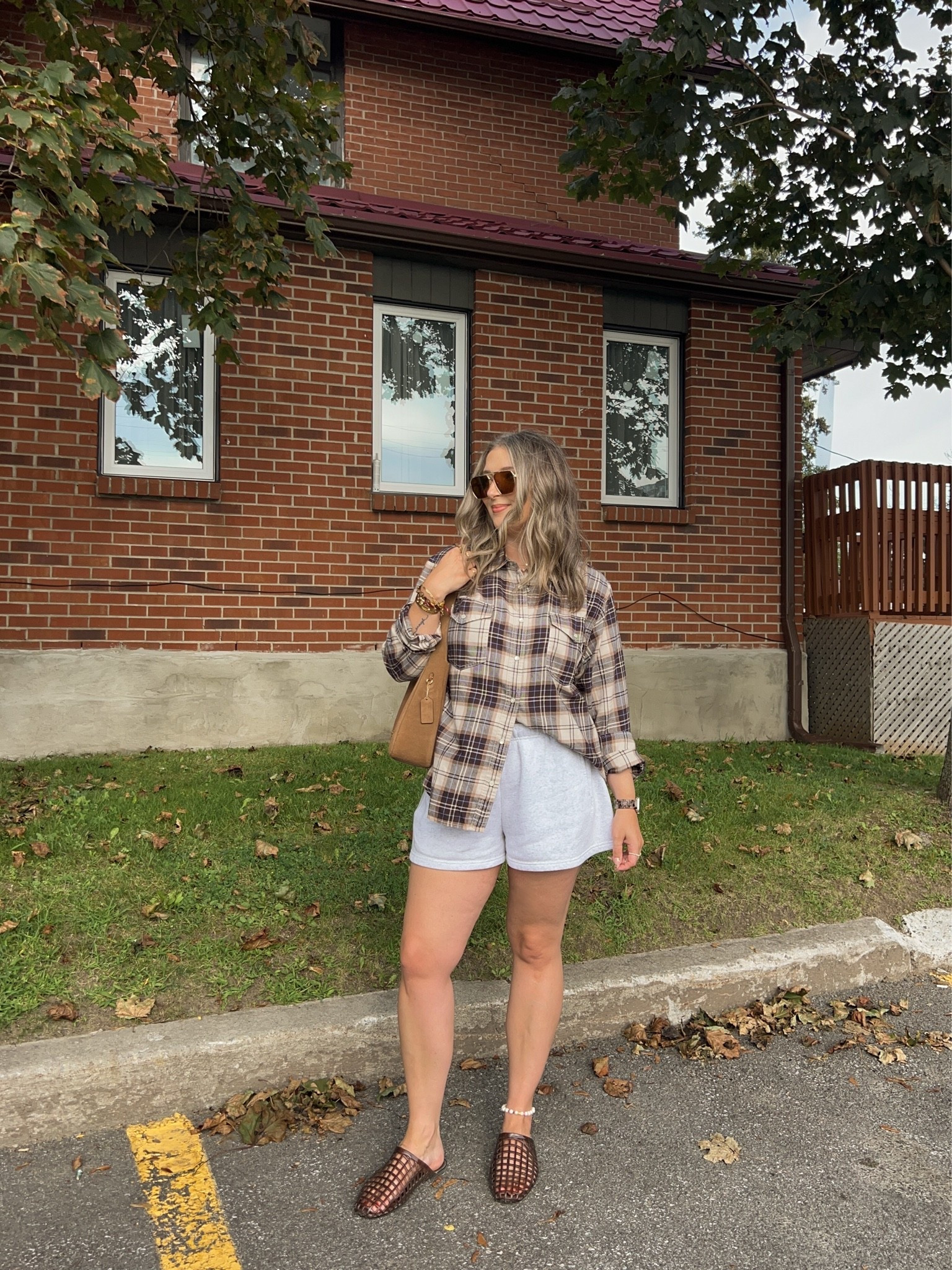 Early fall outift! Flannel is a more fitted style so I sized up to XL for this oversized look. Wearing L in the shorts. I’m a 9.5-10 shoe and wear a 10 in the jelly shoes (exact Canadian shoes link under “similar products”)

#LTKfall #LTKmidsize #LTKstyletip