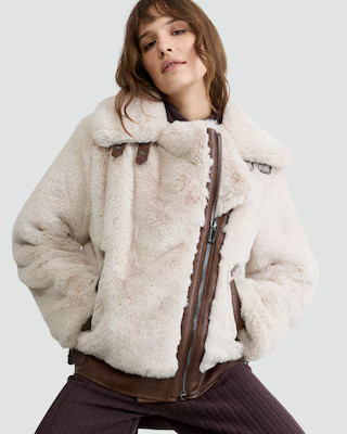 F&F Faux Fur Aviator Jacket in Cream | Tesco F&F