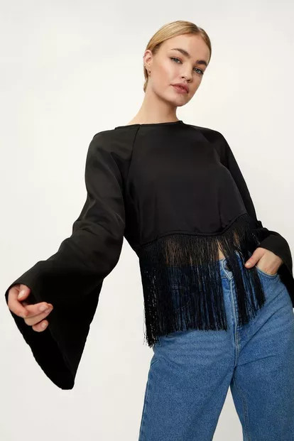 Satin Fringe Hem Long Sleeve Top | Nasty Gal UK (+IE)
