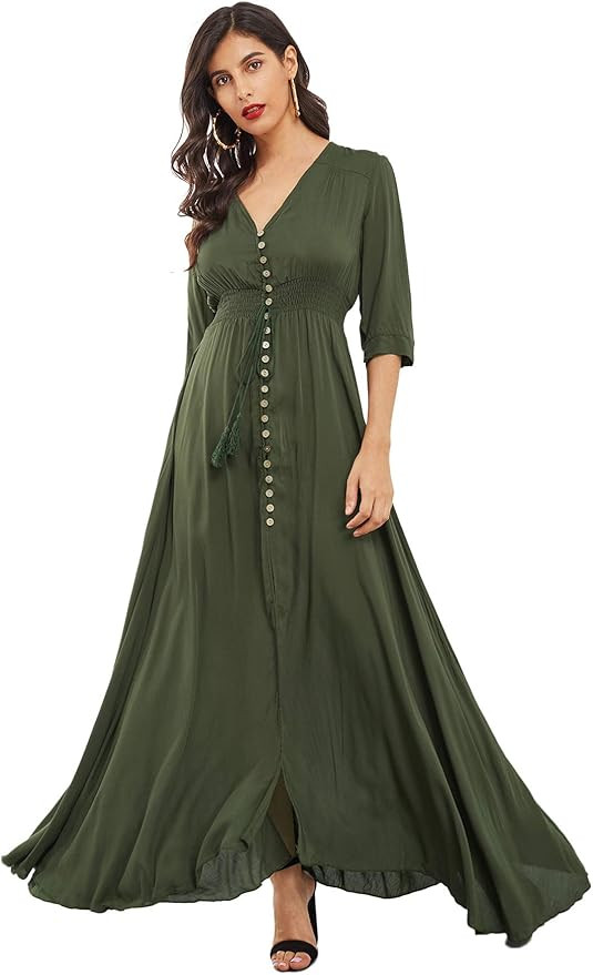 Milumia Women's Button Up V Neck Half Sleeve Split Flowy Plain Party Maxi Dress | Amazon (US)