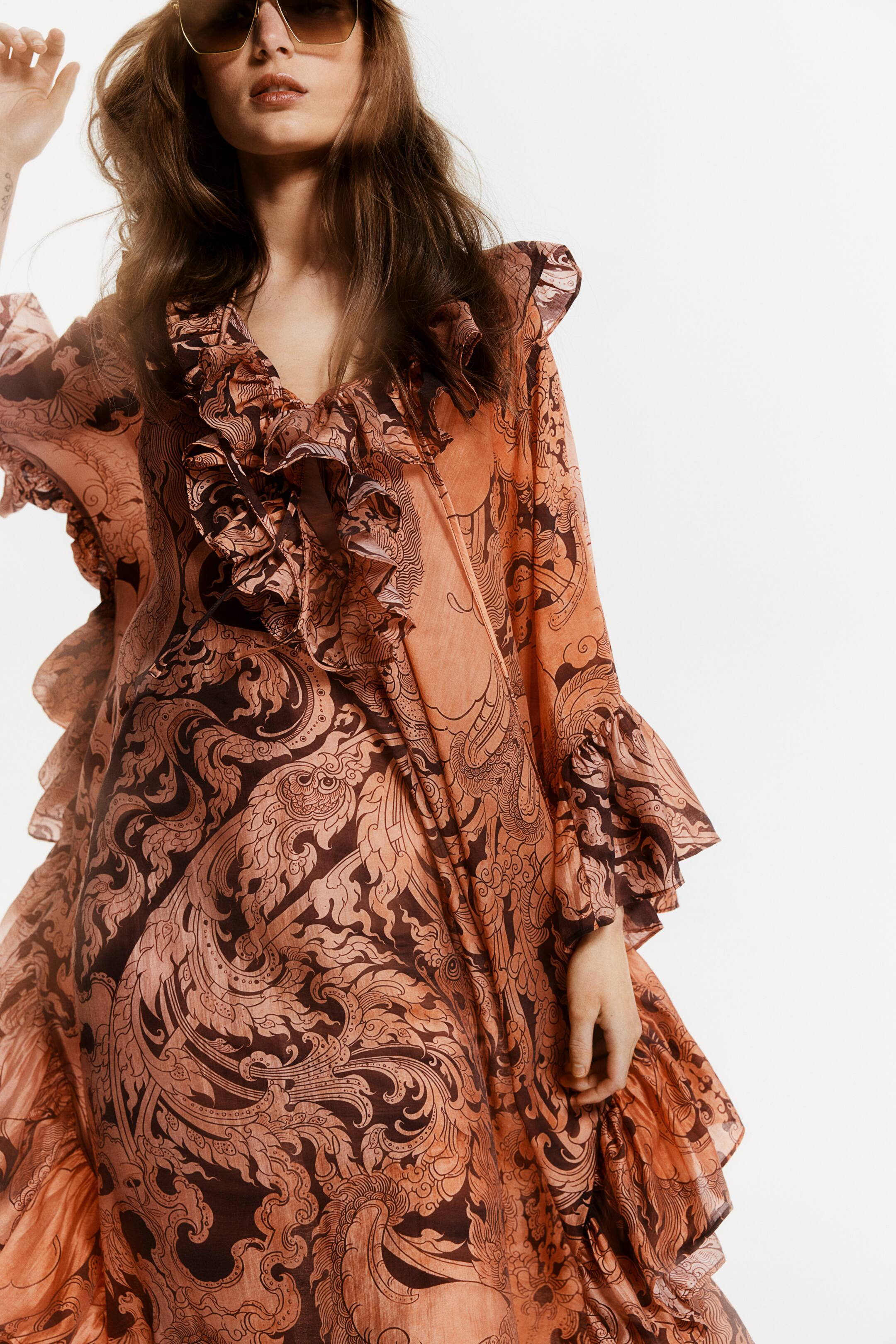 Ruffled Kaftan Dress - Orange/patterned - Ladies | H&M US | H&M (US + CA)