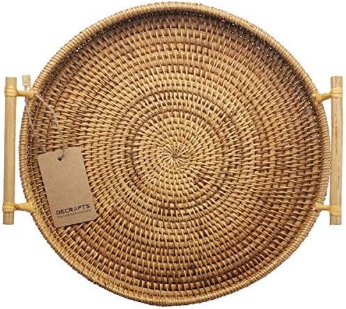 DECRAFTS Round Rattan Bread Basket Woven Serving Tray with Handles for Cracker Dinner Parties Cof... | Amazon (US)