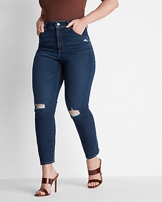 Super High Waisted Dark Wash Ripped Curvy Slim Jeans | Express