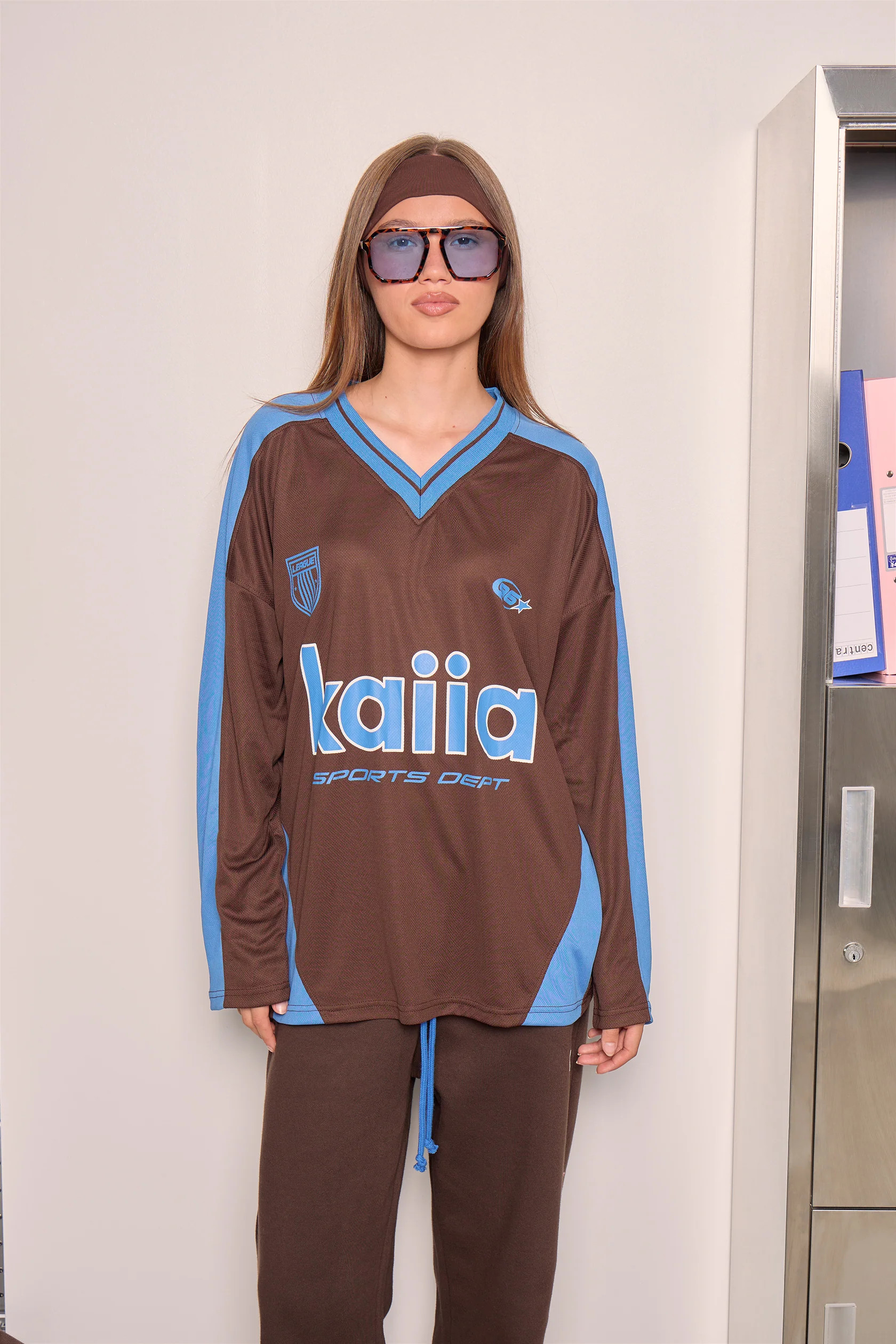 Kaiia Oversized Long Sleeve Football Top Bitter Chocolate & Mid Cobalt | Kaiia the Label