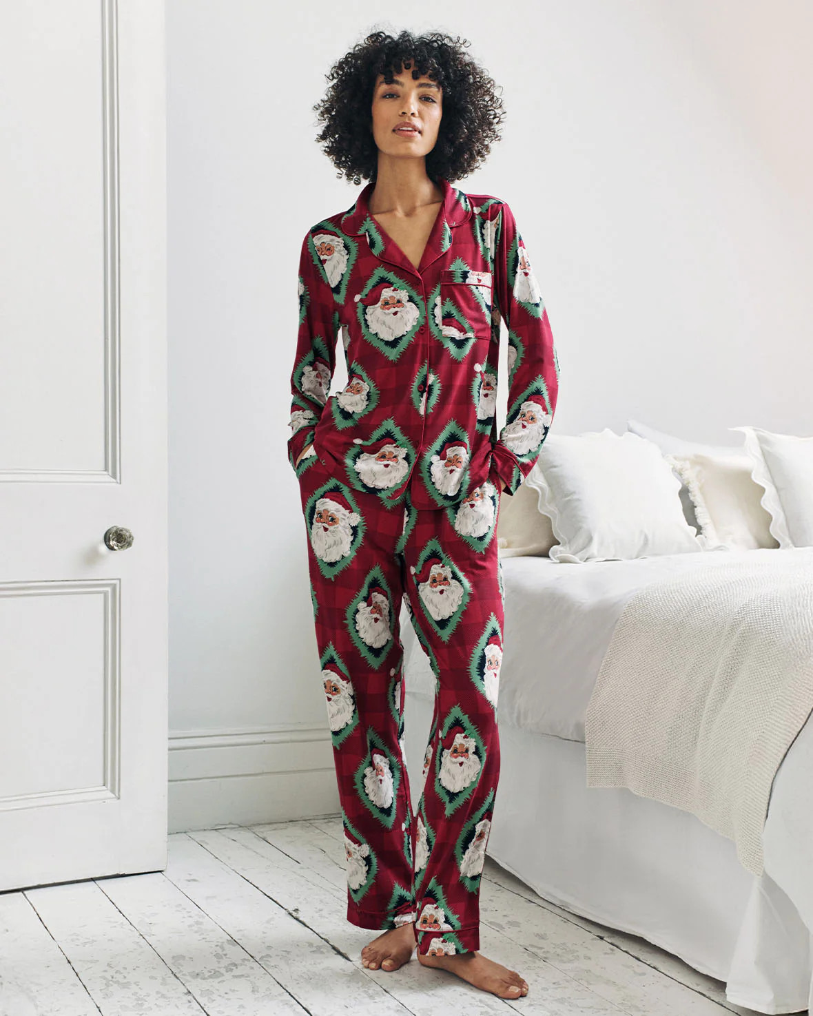Christmas Jolly Santa Print Long Pyjama Set | Chelsea Peers NYC