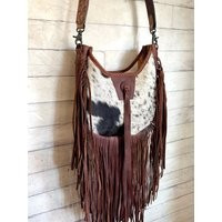 Brown Hide & Leather Boho Crossbody Long Fringe Bag | Etsy (US)