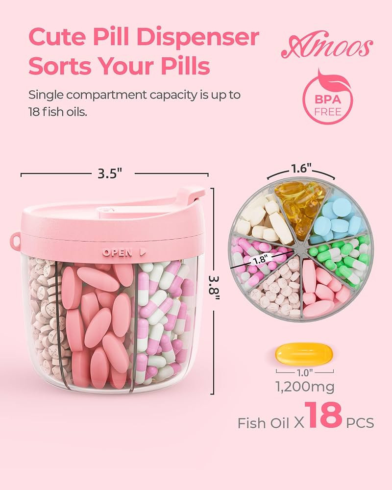 AMOOS Cute Pill Dispenser with 7 Compartments, Pill Bottle Organizer with Anti-Mix Design, Portab... | Amazon (US)