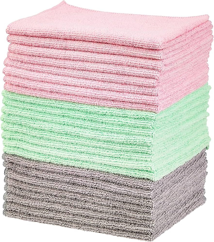 Amazon Basics Microfiber Cleaning Cloths, Non-Abrasive, Reusable and Washable, Pack of 24, Green/... | Amazon (US)