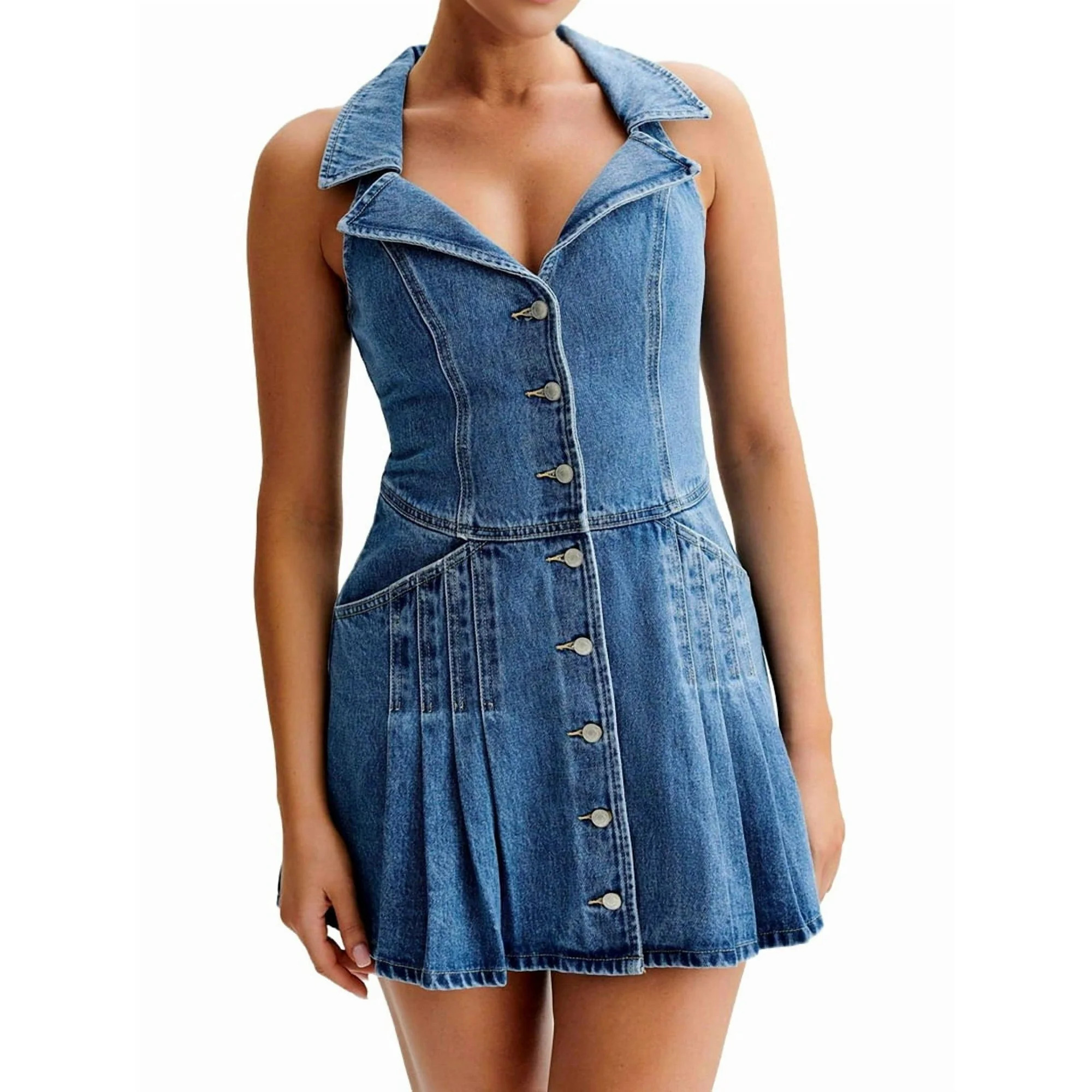 Women'S Sleeveless Denim Dresses Chic Single Breasted Ruffed Hem Mini Length Dress Blue M | Walmart (US)